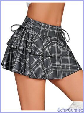 Women's Mini Pleated Ruffle Skirt Drawstring Y2K Layered